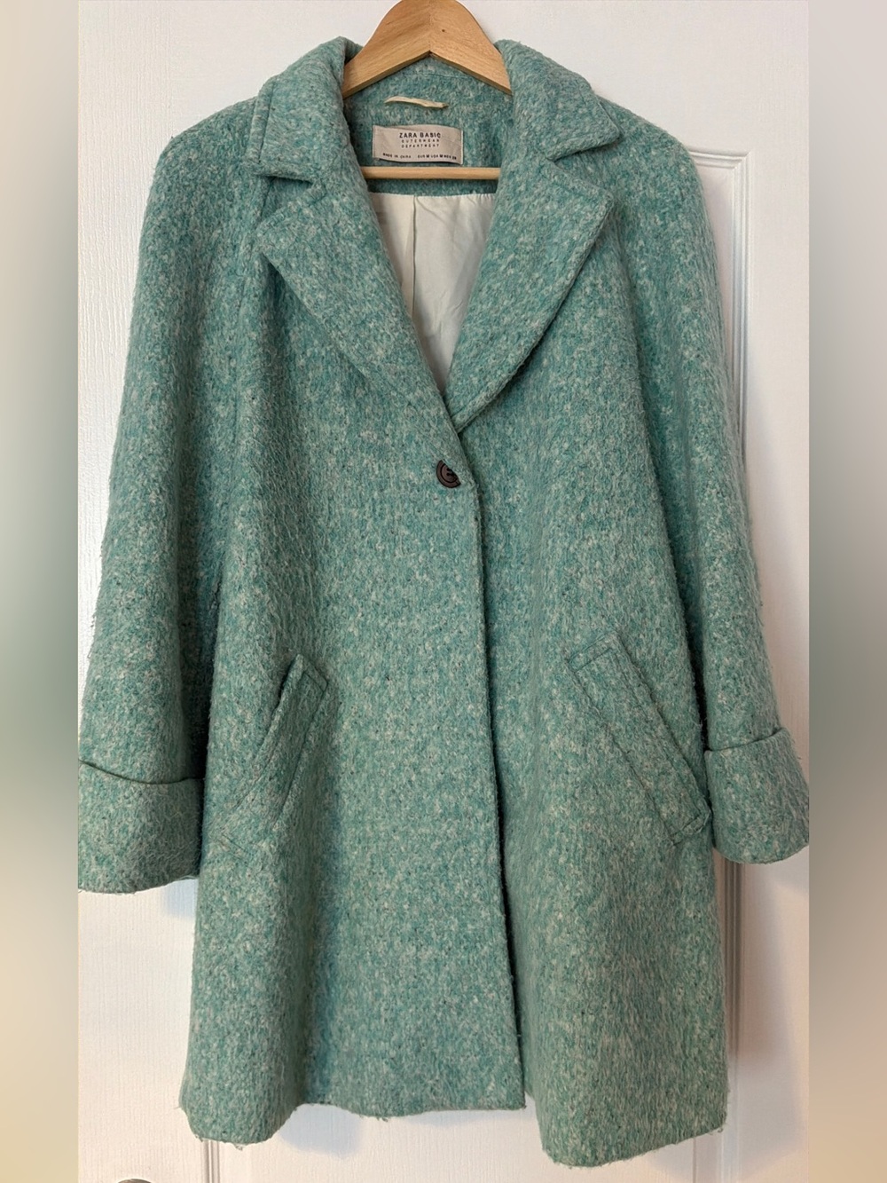Zara Mint Green Wool-Blend Single Button Pea Coat